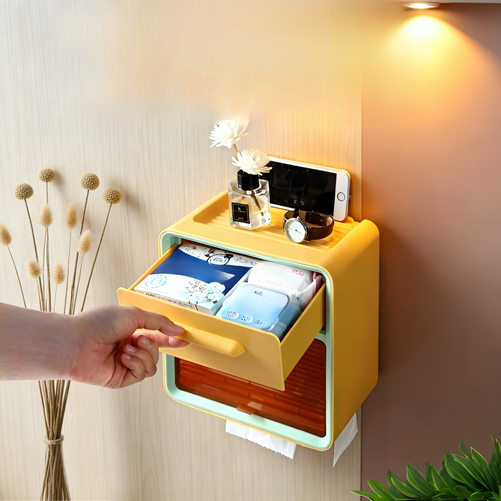 Caja de pañuelos de baño montada en la pared sin taladrar con cajón