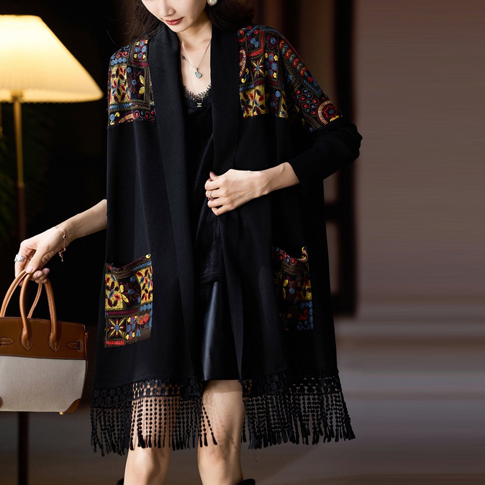 패션 슬림핏 배색 프린지 숄 가디건 아우터