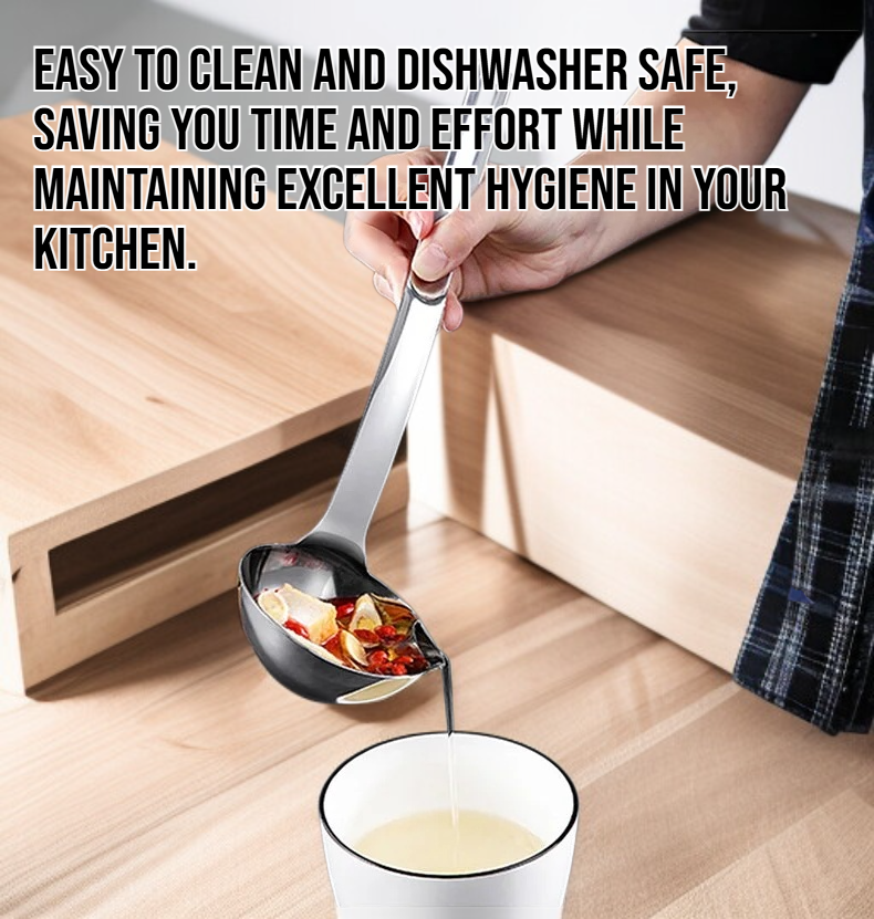 Stainless steel spoon with oil and soup separator on white background