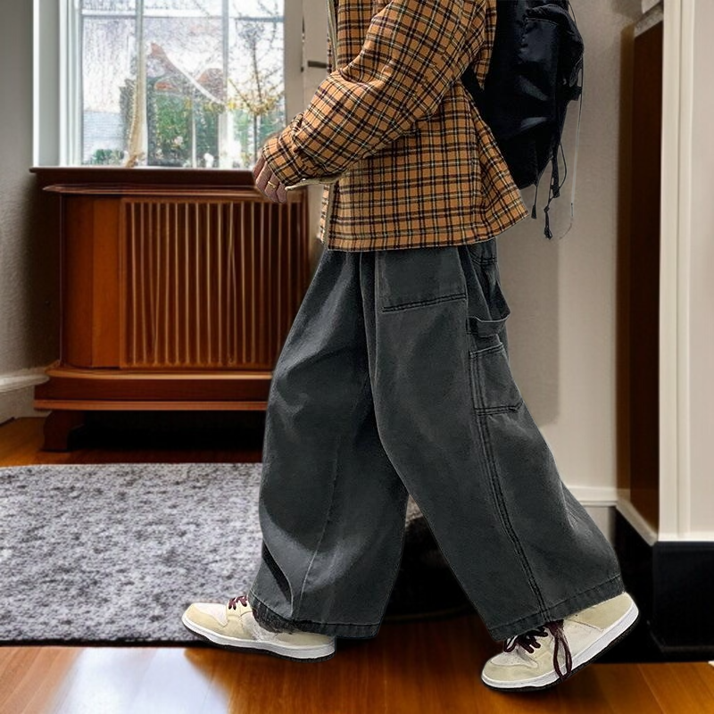 빈티지 카고 와이드 일자 와이드 팬츠 남자 힙합 빅 사이즈 데님 팬츠