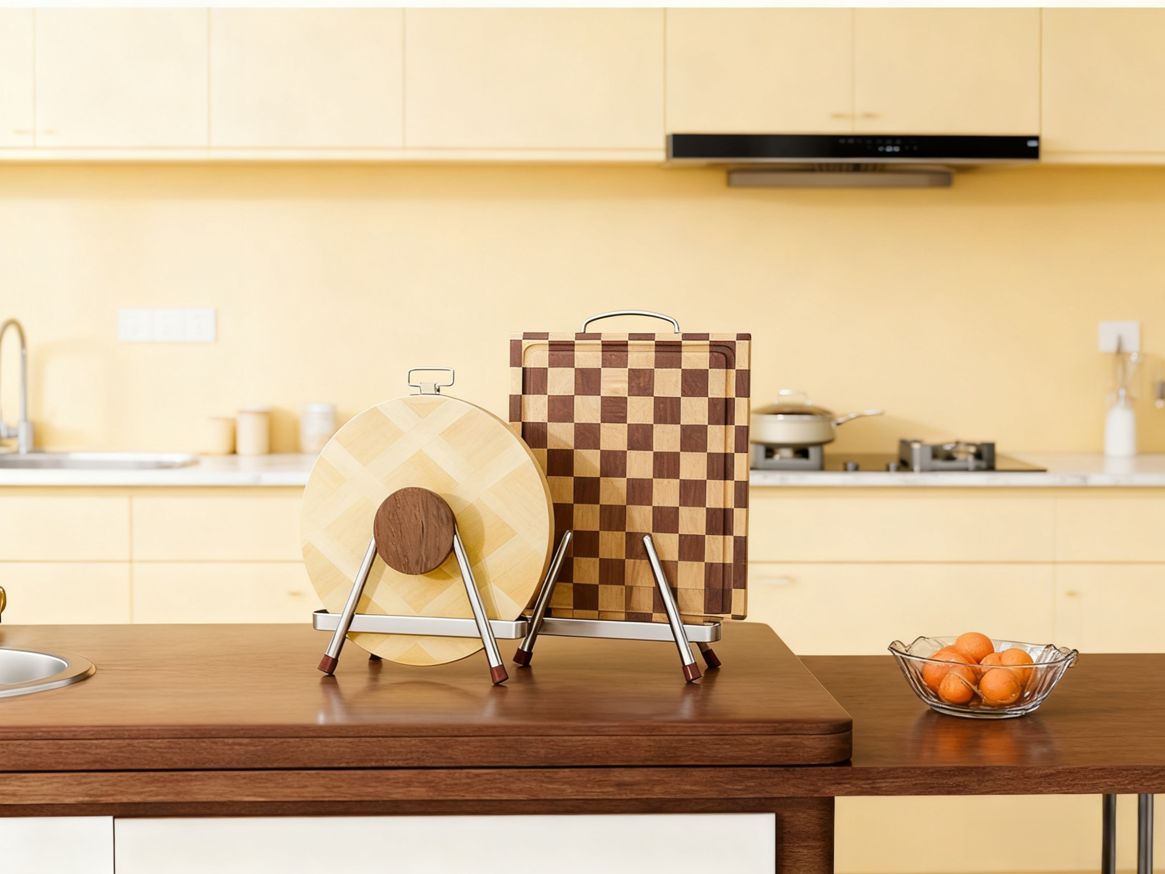 Stylish vintage cutting board rack on countertop