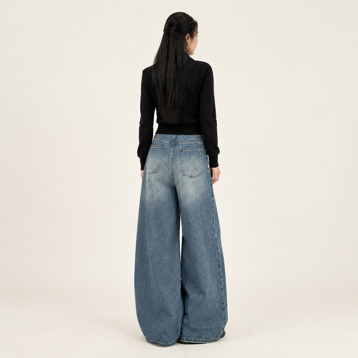 봄가을 무허리 디자인 A라인 루즈핏 와이드 데님 팬츠 여성용