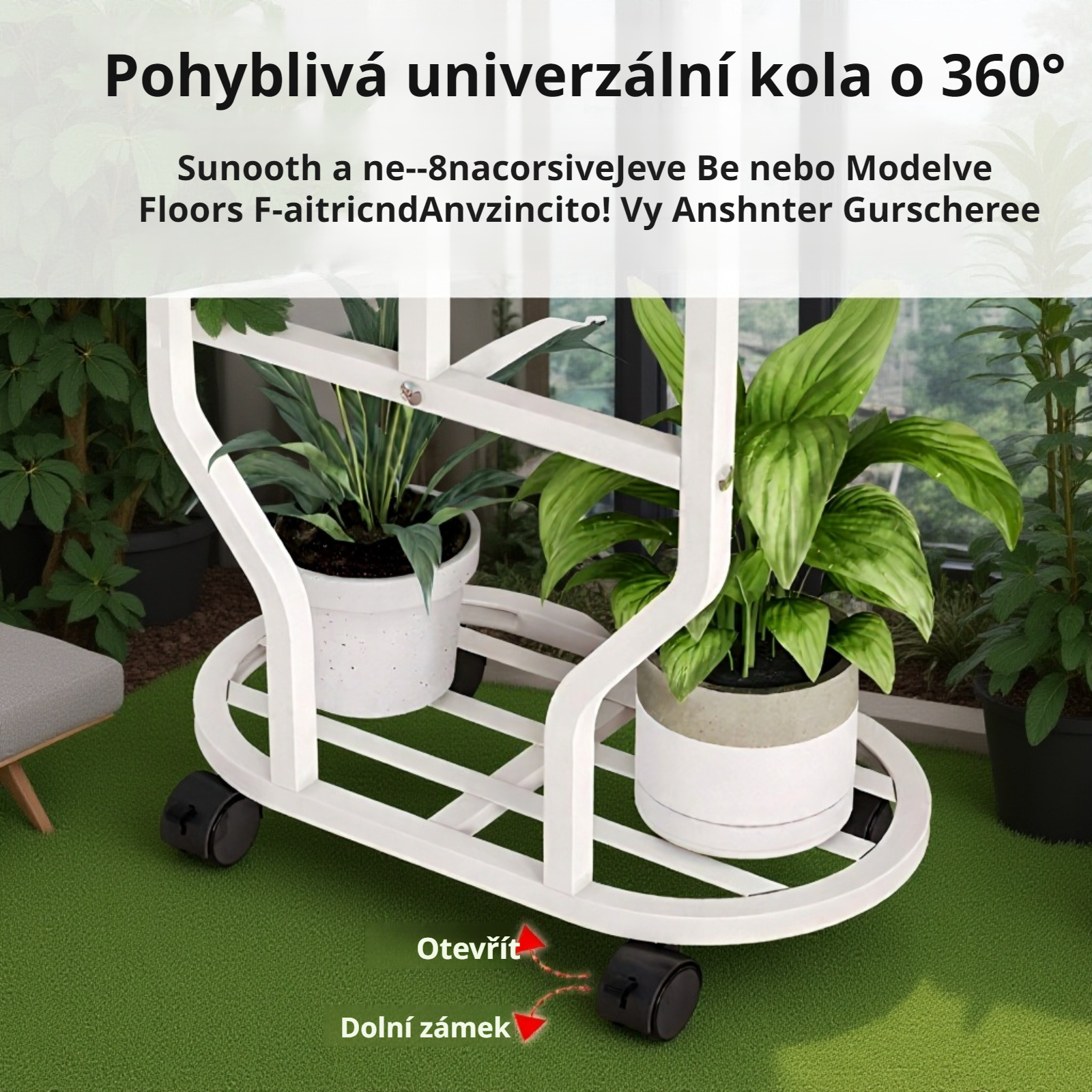  Pohyblivý stojan na pokojové rostliny s 360° otočnými kolečky