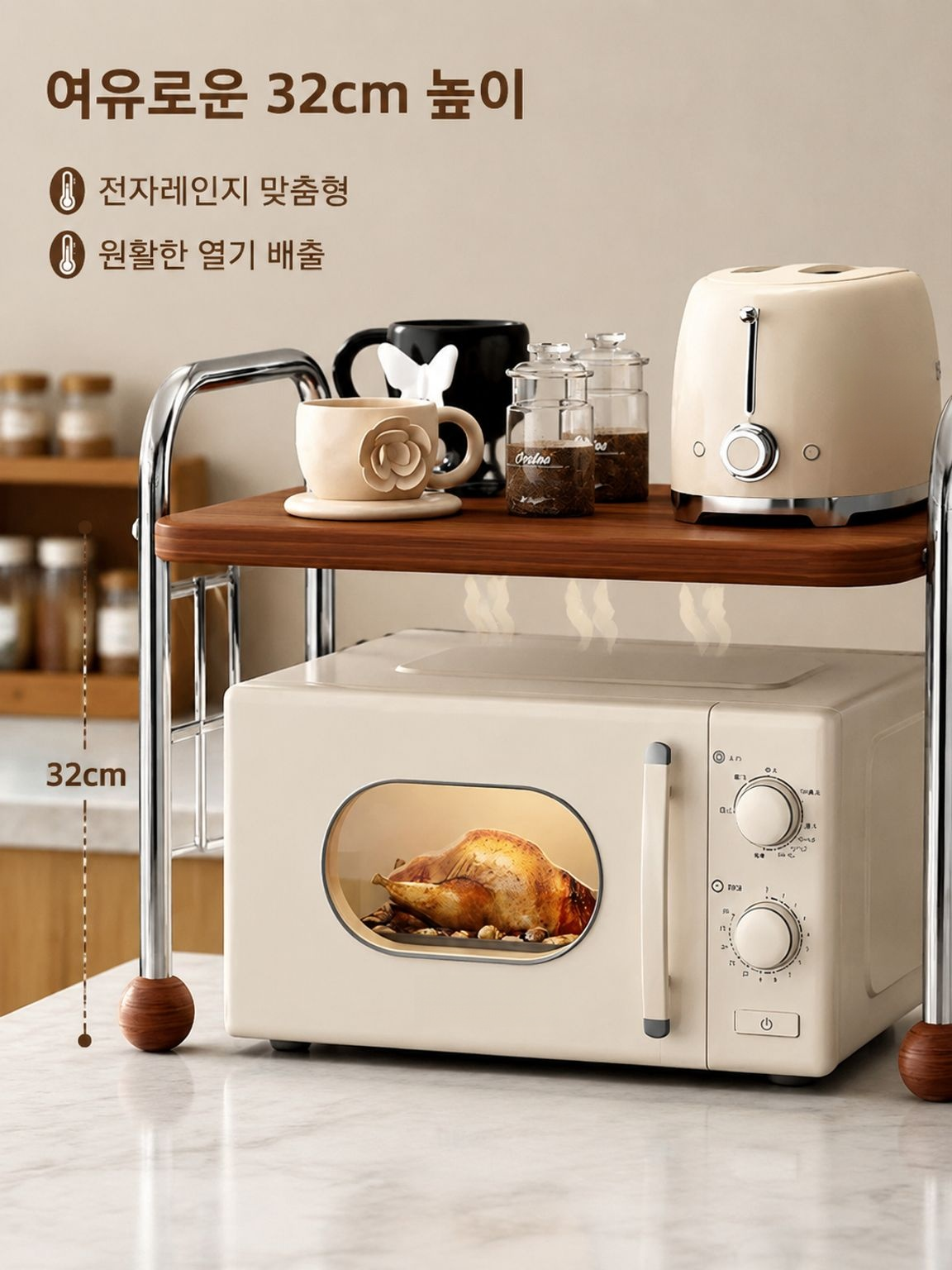 오븐과 밥솥을 올려놓은 조절식 선반