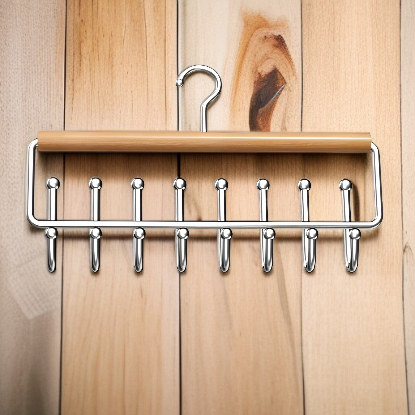 현관에 설치된 원목 후크 옷걸이 사용 예시