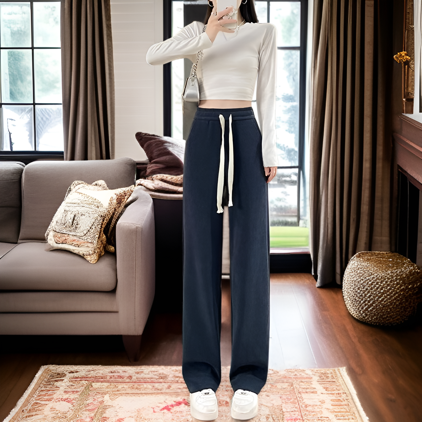 レディースギャザーハイウエストワイドパンツ