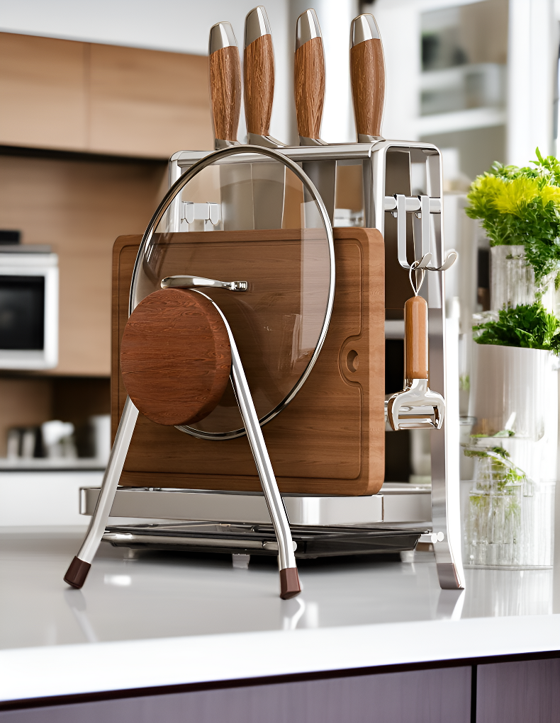 Retro style kitchen holder for cutting boards and knives