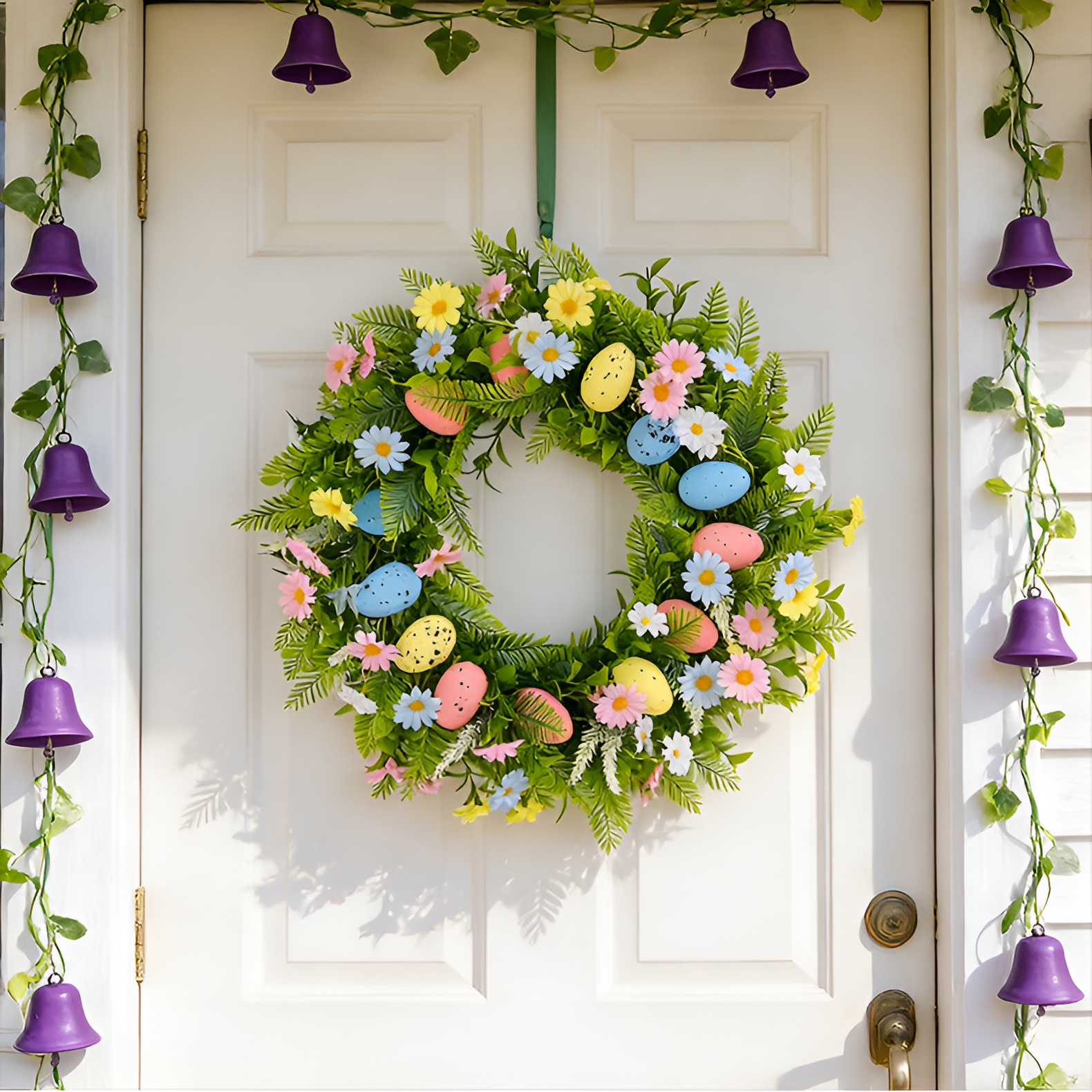 봄 테마의 이스터 리스 45cm, 달걀 장식과 베리, 유칼립투스 잎