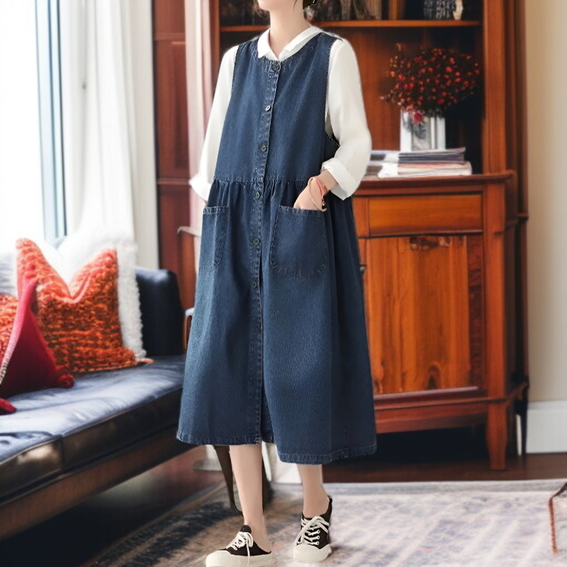 통통 Mm 여름 루즈핏 빈티지 데님 원피스 살 가리고 날씬해 보이는 미디 스커트 여 데님 나시 스커트