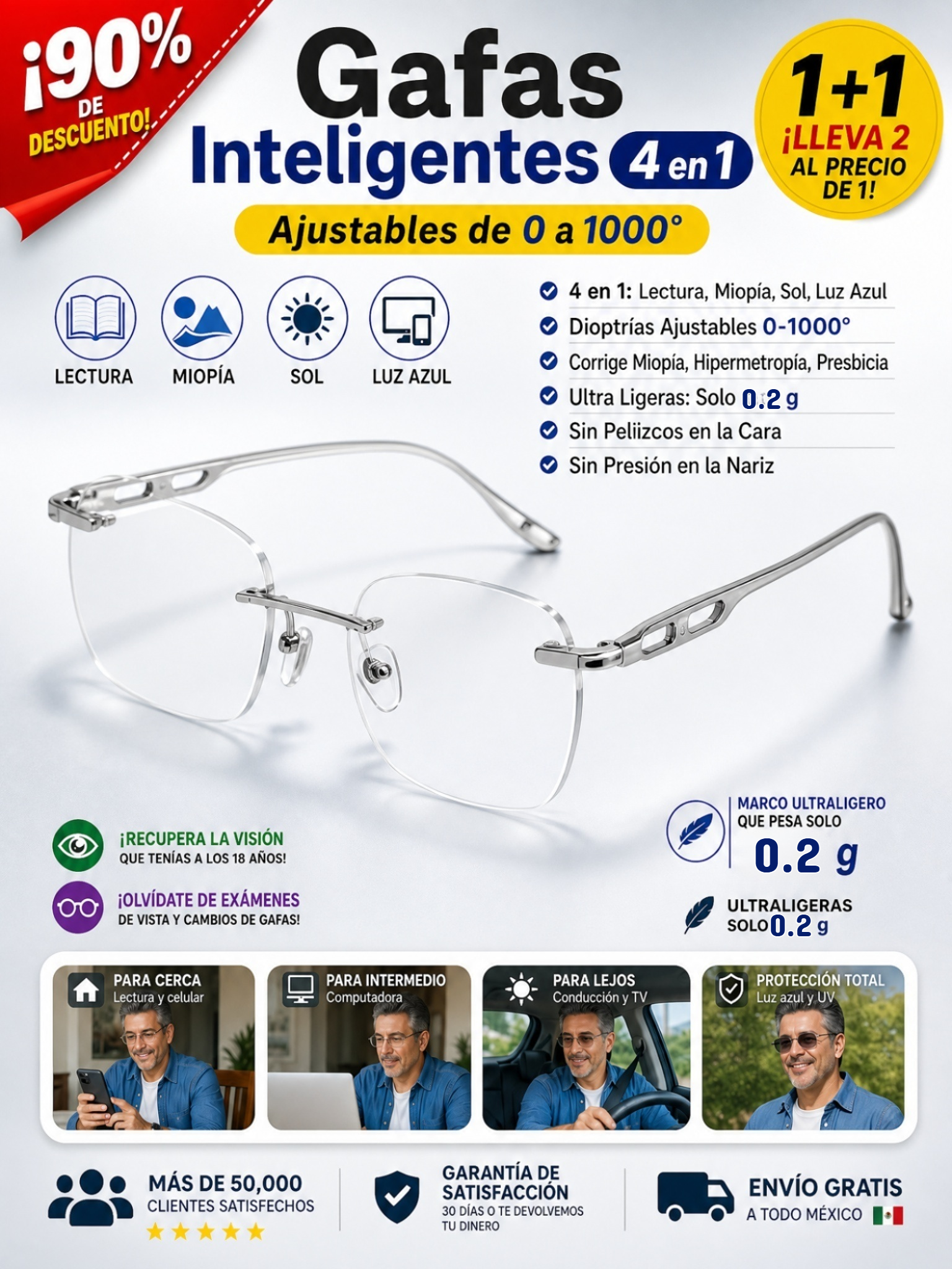Lentes de titanio autoenfoque 0.1s: Ve cerca, lejos y cambian a lentes de sol.