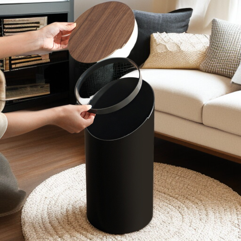 Minimalistischer runder Mülleimer aus Massivholz für den Hausgebrauch