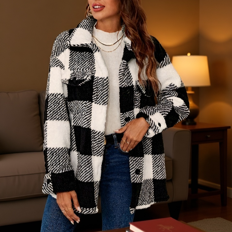 여성 가을 겨울 퍼 코트 버튼 포켓 스웨이드 코트 점퍼 체크 퍼 코트