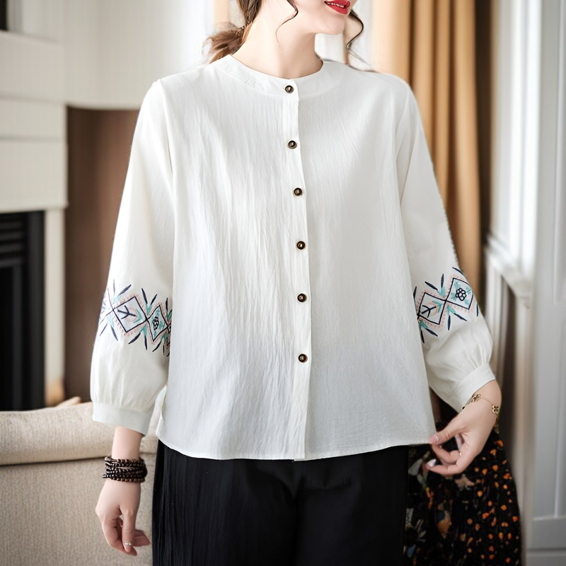 여성 자수 빈티지 긴팔 셔츠 루즈핏 빅사이즈 여성 빈티지 자수 셔츠 통풍 가을 긴팔 셔츠