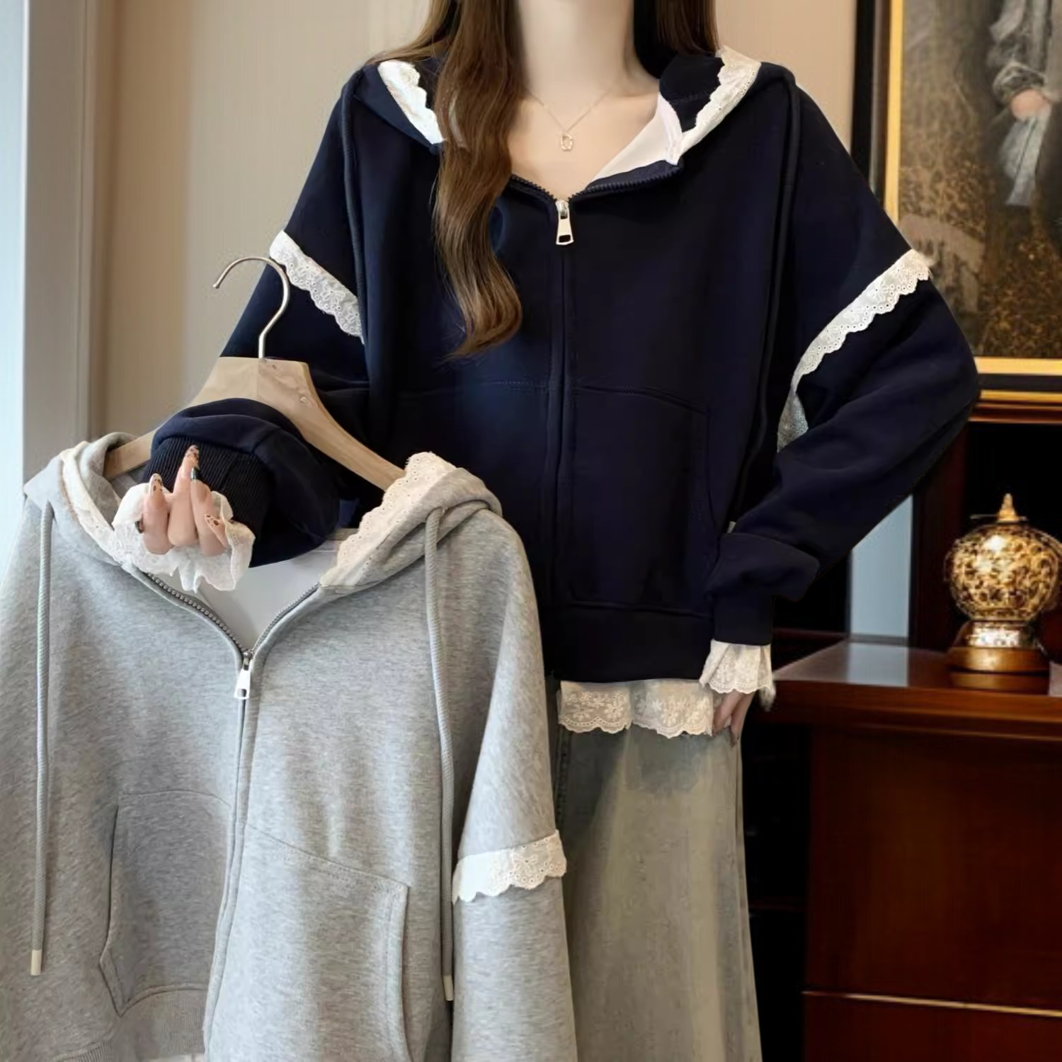 春秋新作 ヨーロッパ風大きいサイズ 上品レースフードパーカー アウター