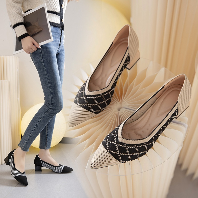 日韓氣質針織尖頭粗跟單鞋 女士淺口工作鞋