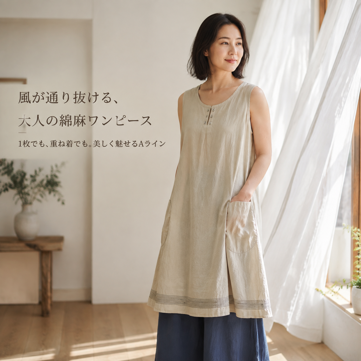 和風デザイン感コットンリネンベストワンピース ゆったり着回し