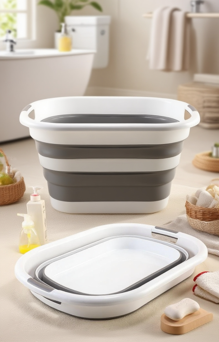 욕실에서 사용 중인 대형 플라스틱 대야