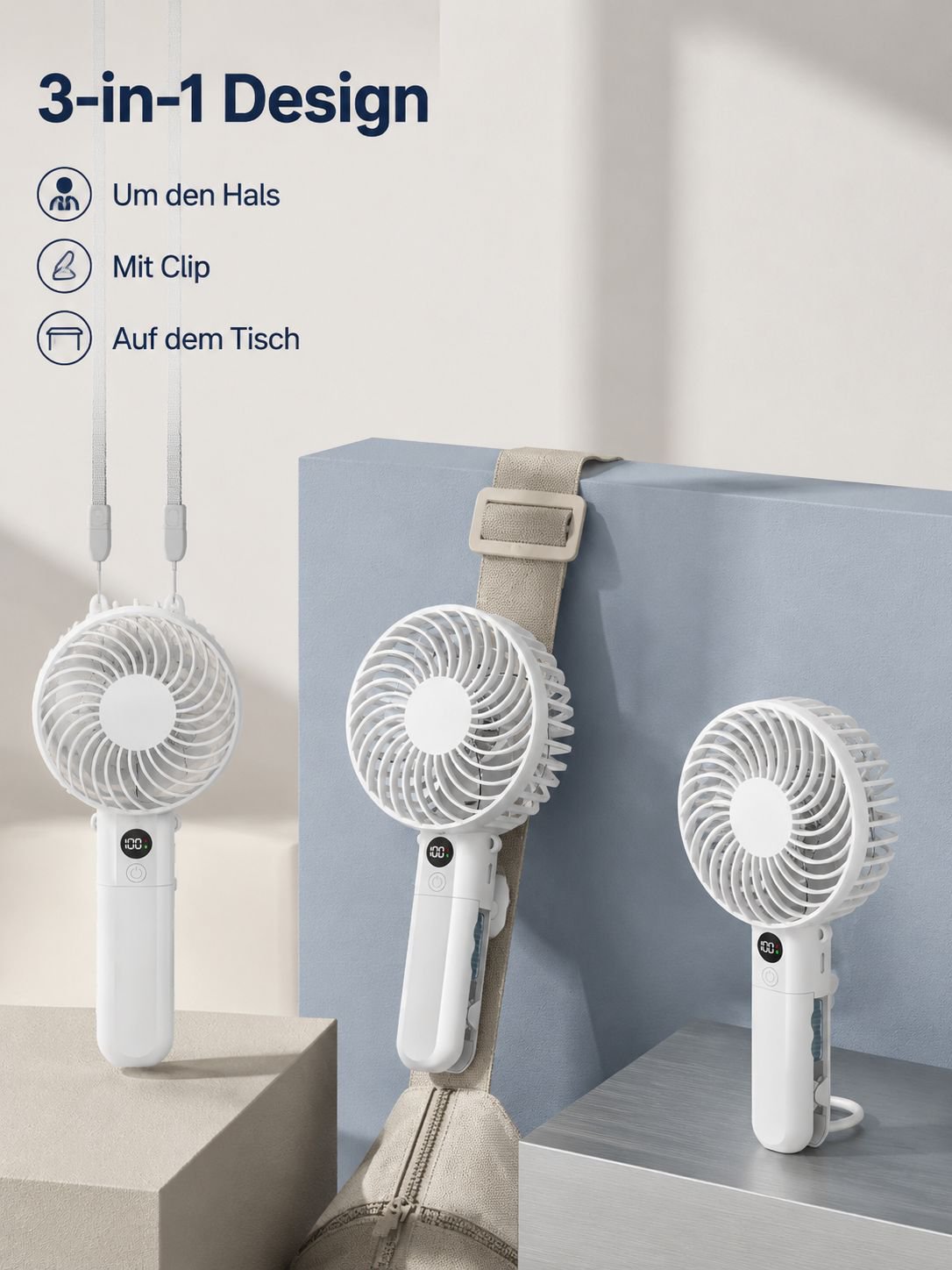 Tragbarer intelligenter Mini-Nackenventilator mit digitaler Anzeige