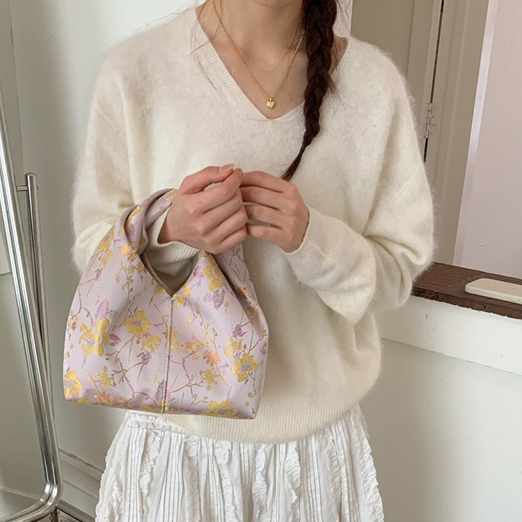 レディース和装ねじりハンドバッグ 小花柄刺繍普段着物浴衣用バッグ