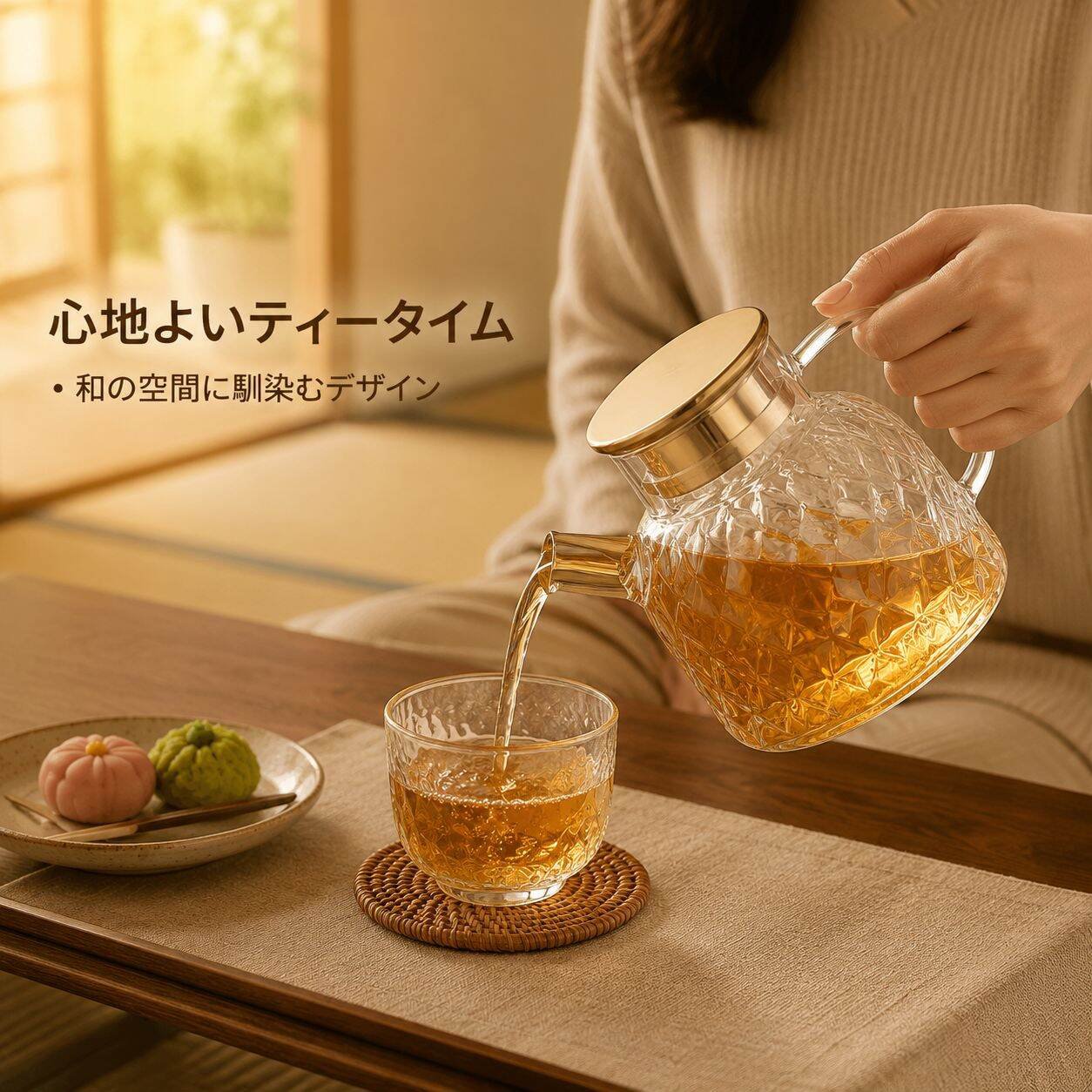 ダイヤモンドカット耐熱ガラス冷水ポット ステンレス蓋付き ティーセパレーター付き