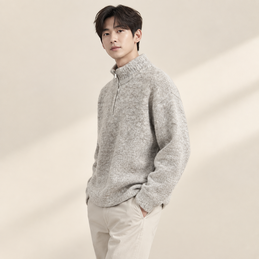 일본식 레트로 반집업 하이넥 니트 가을겨울