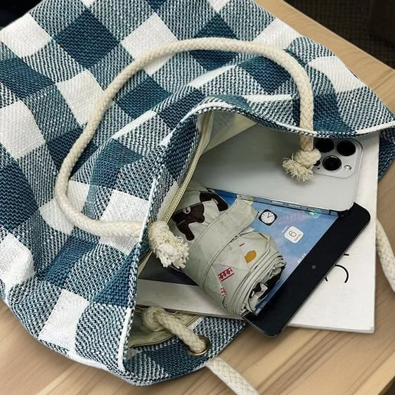 Big Plaid Canvas Tote Bag, Spacious Shoulder Handbag