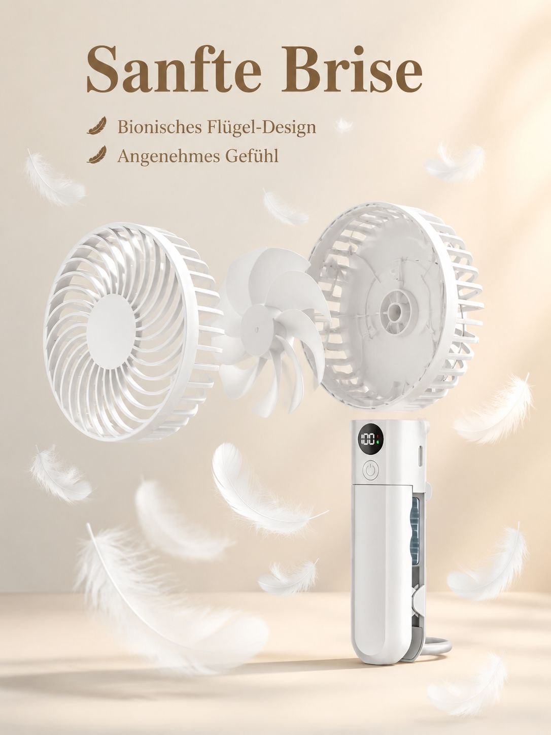 Intelligente Digitalanzeige zeigt Akkustand des Ventilators