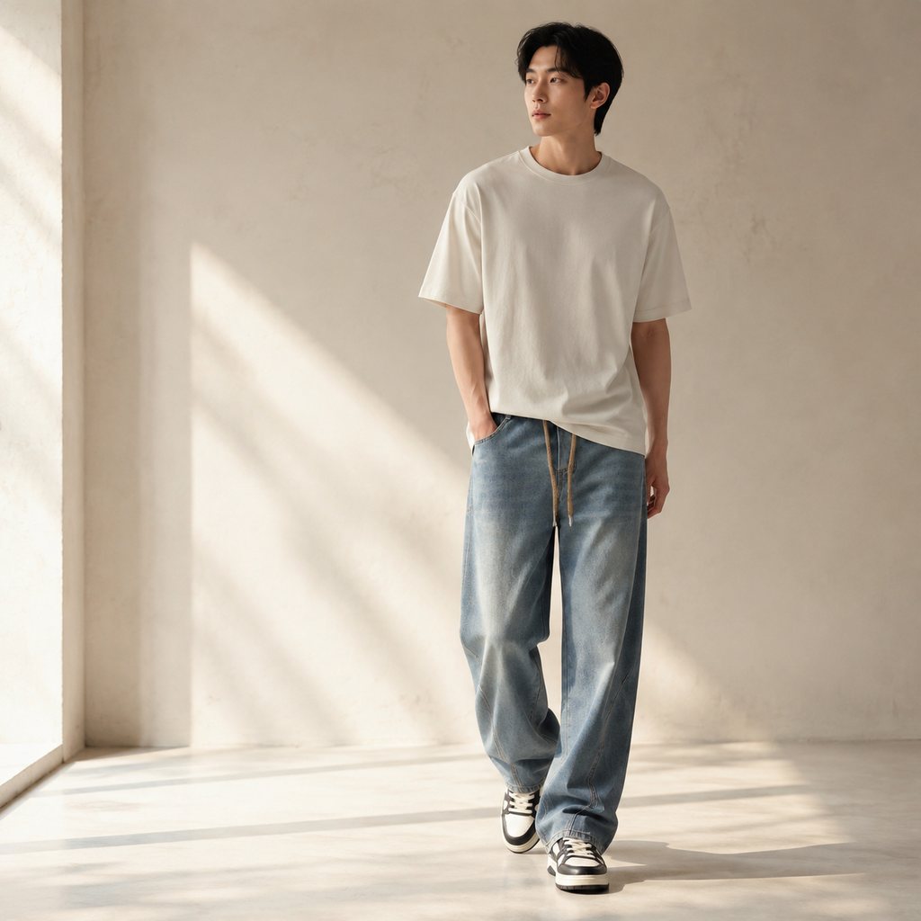 남성 패션 루즈핏 커브드 진 캐주얼 팬츠