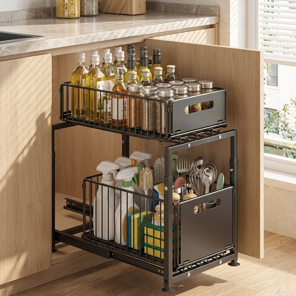 캐비닛 내부에 이중으로 당겨서 꺼낼 수 있는 수납 선반