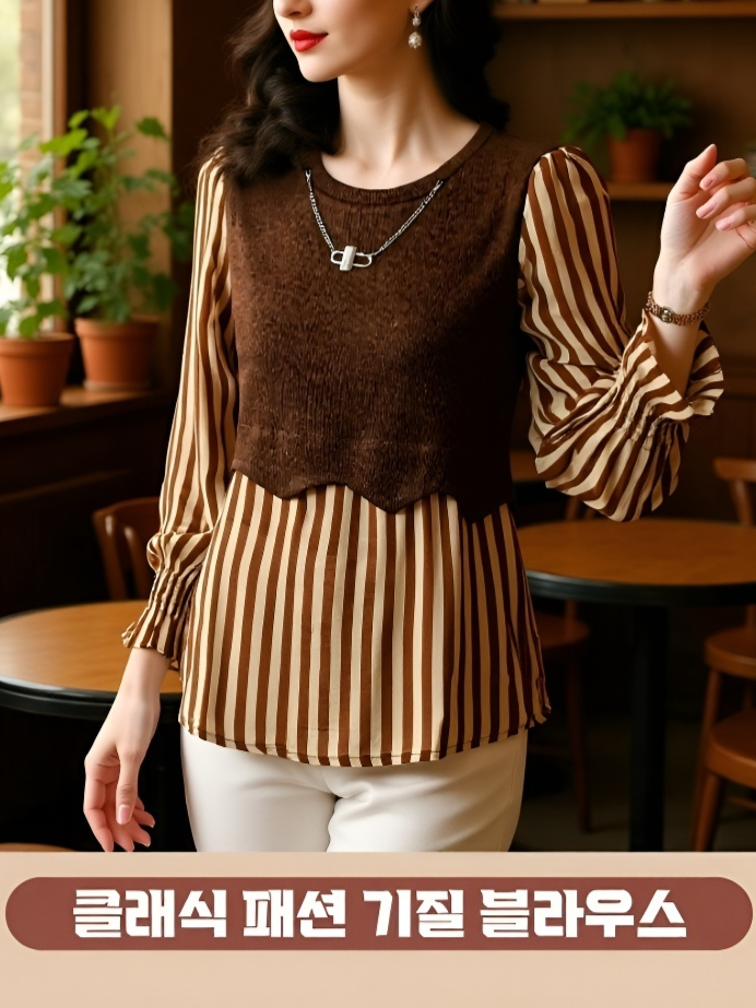  스트라이프 배색 레이어드 스타일 여성 상의