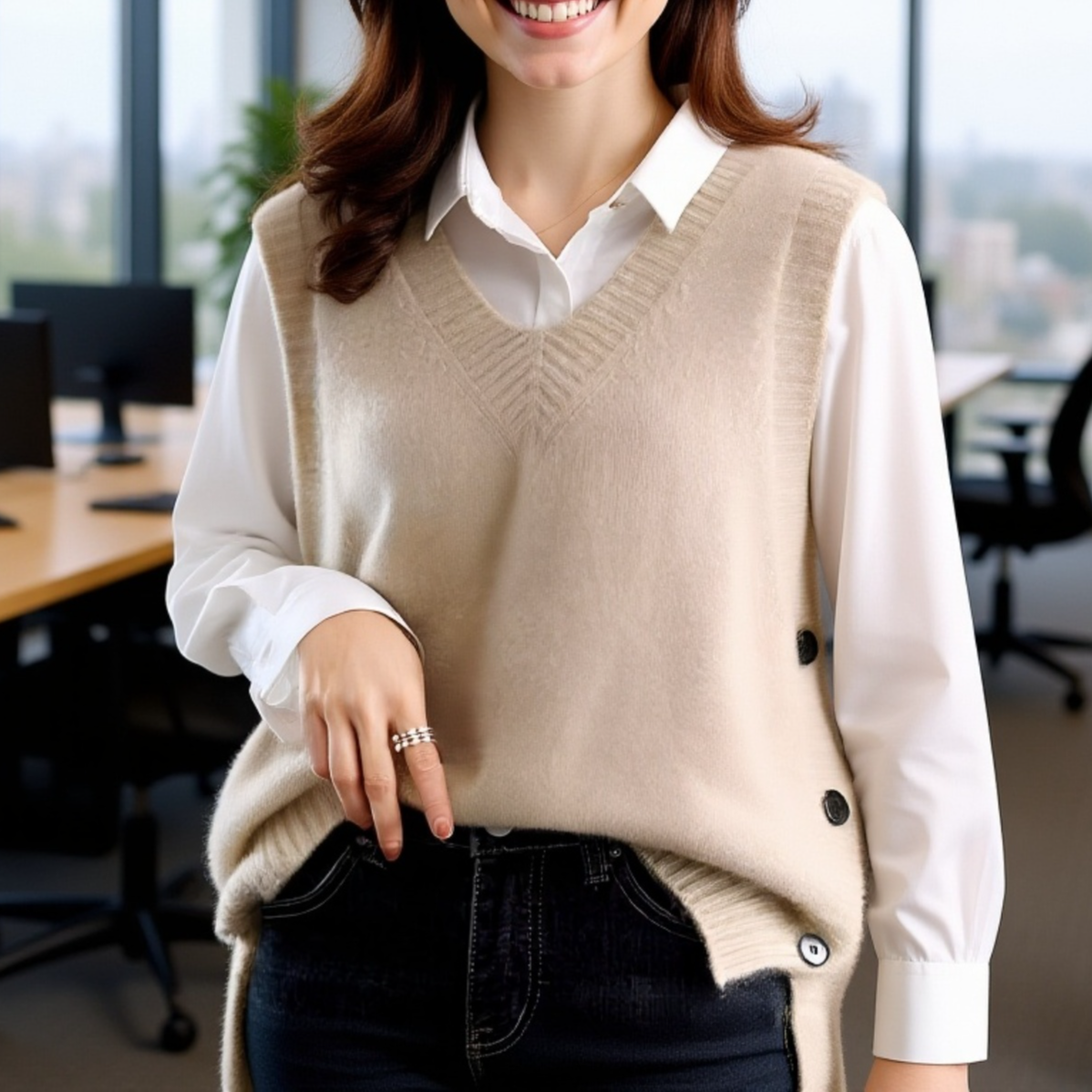 レディース ニットベスト 春秋用 ゆったりVネック 体型カバー 重ね着インナー