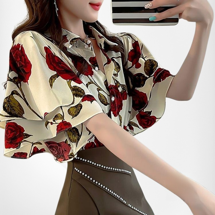 เสื้อผู้หญิงแขนสั้นลายดอกไม้ สไตล์หวาน สีฟ้า ดีไซน์ระบาย เหมาะสำหรับหน้าร้อน