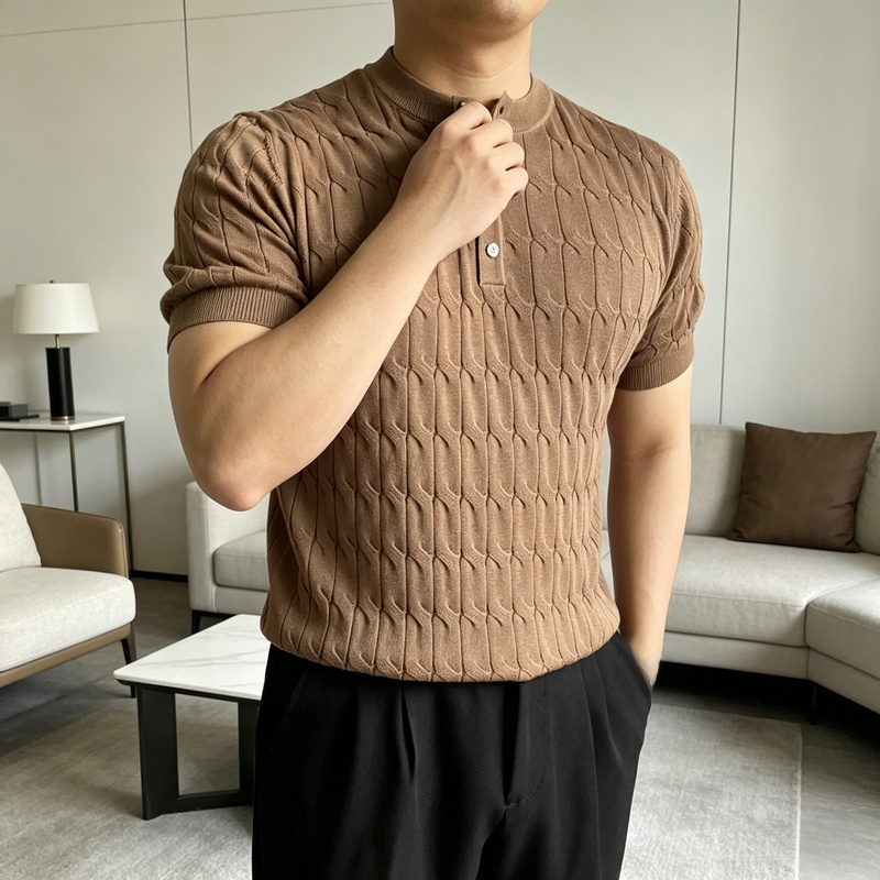 남성 아이스 터틀넥 슬림 반팔 티셔츠