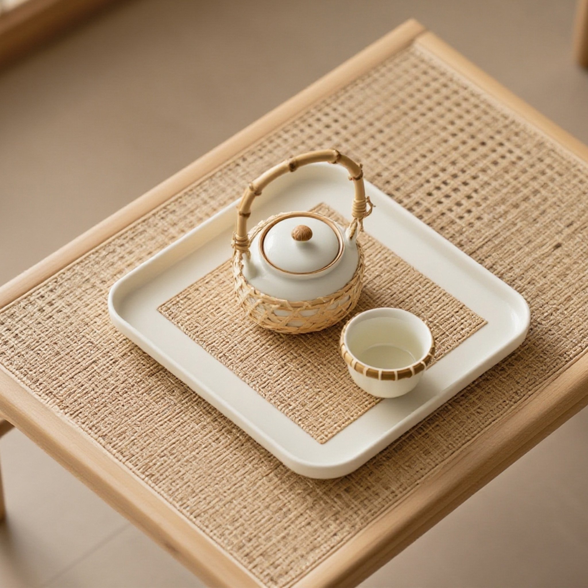 ชุดน้ำชาเซรามิกพร้อมถาดไม้ไผ่ธรรมชาติ