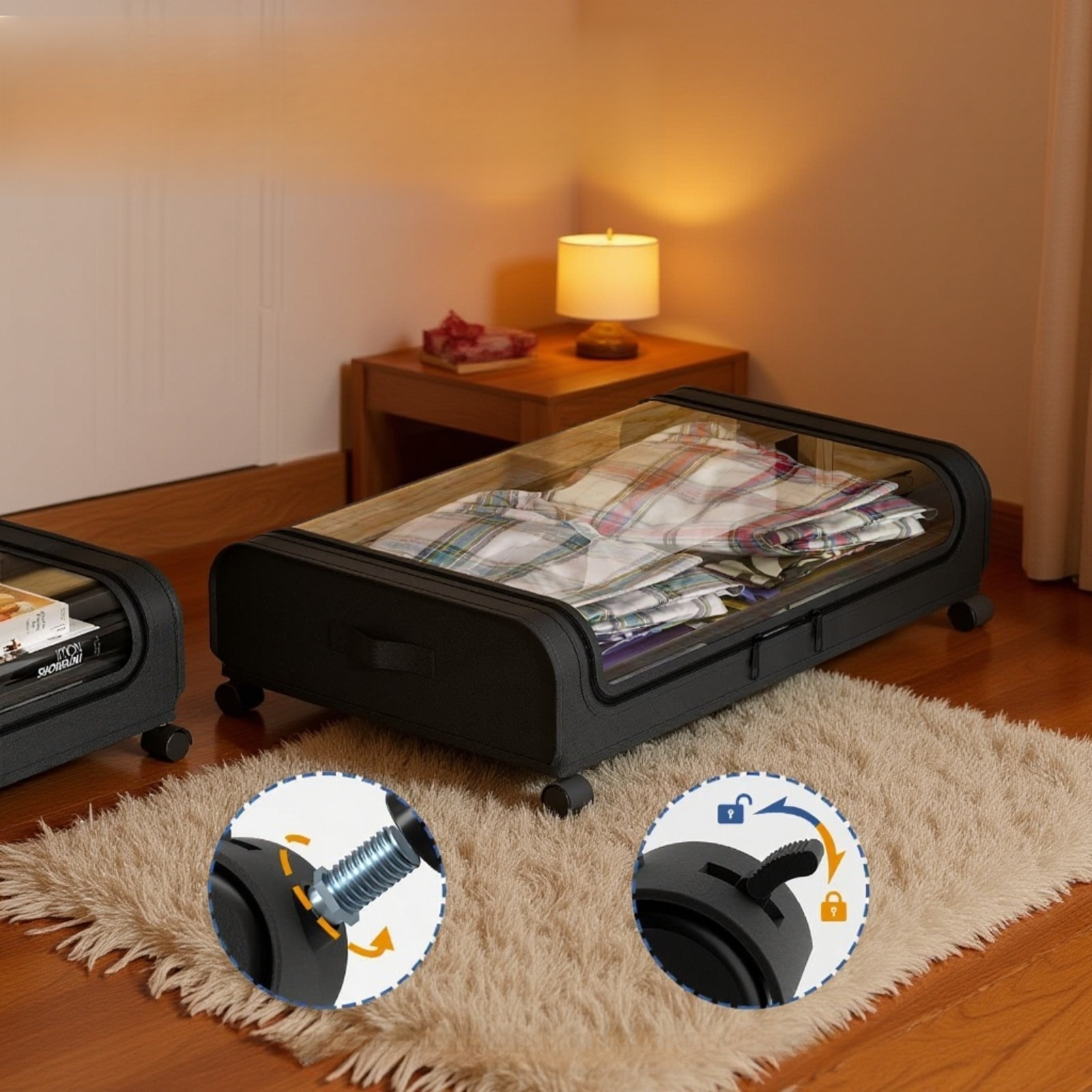 Almacenamiento eficiente con caja plegable de tela y ruedas