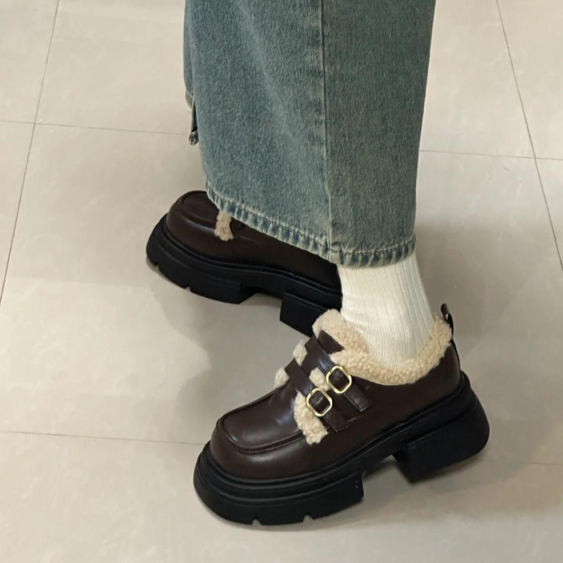 保暖加絨厚底女鞋黑色小皮鞋軟底靴