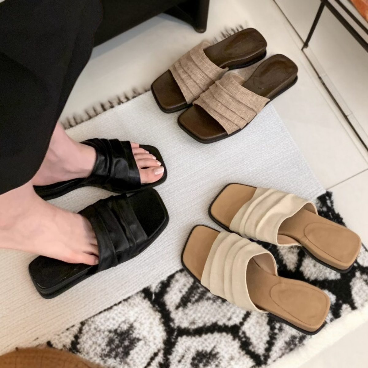 요정 스타일 린넨 통굽 비치 슬리퍼 여성 여름 신상 캐주얼 스트랩 슬라이드