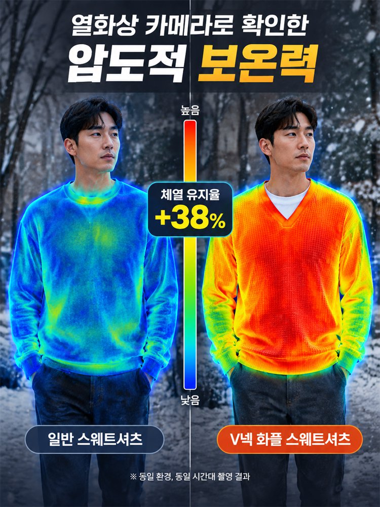 트렌디한 V넥 와플 배색 페이크 레이어드 맨투맨