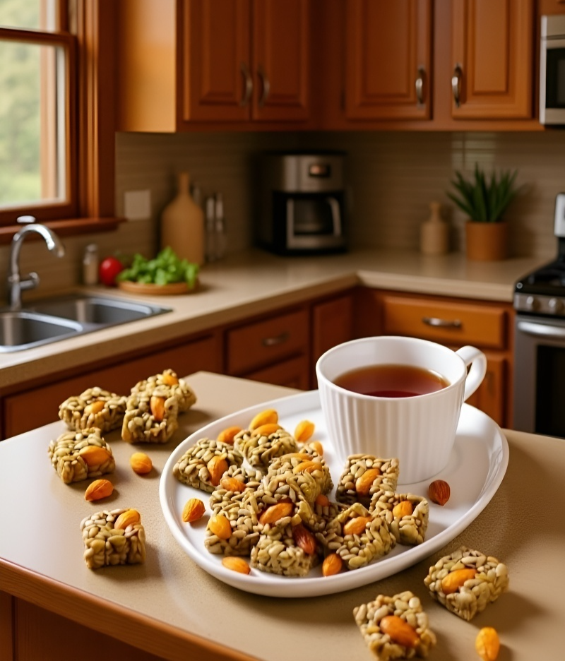 お皿に盛り付けたアーモンドとパパイヤの種クリスプ