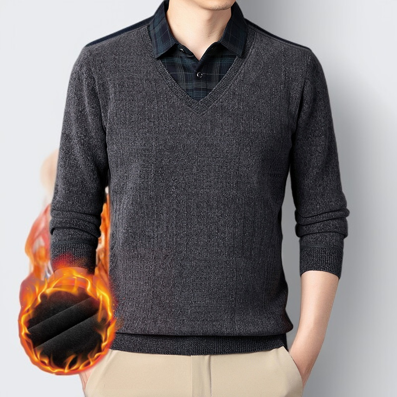 남성 가짜 더블 기모 체크 칼라 스웨터