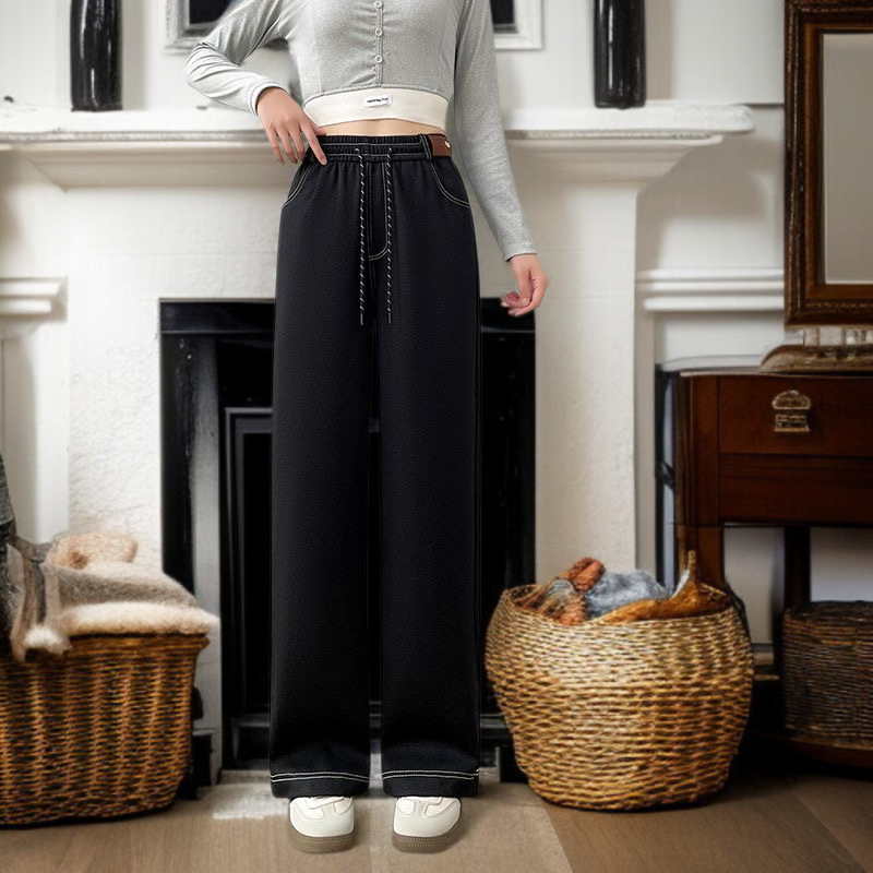 하이웨스트 와이드 팬츠 밴딩 일자 팬츠 빅 사이즈 여성 바지 기모 캐주얼 바지 청바지 여 하이웨스트 스판 빅 팬츠