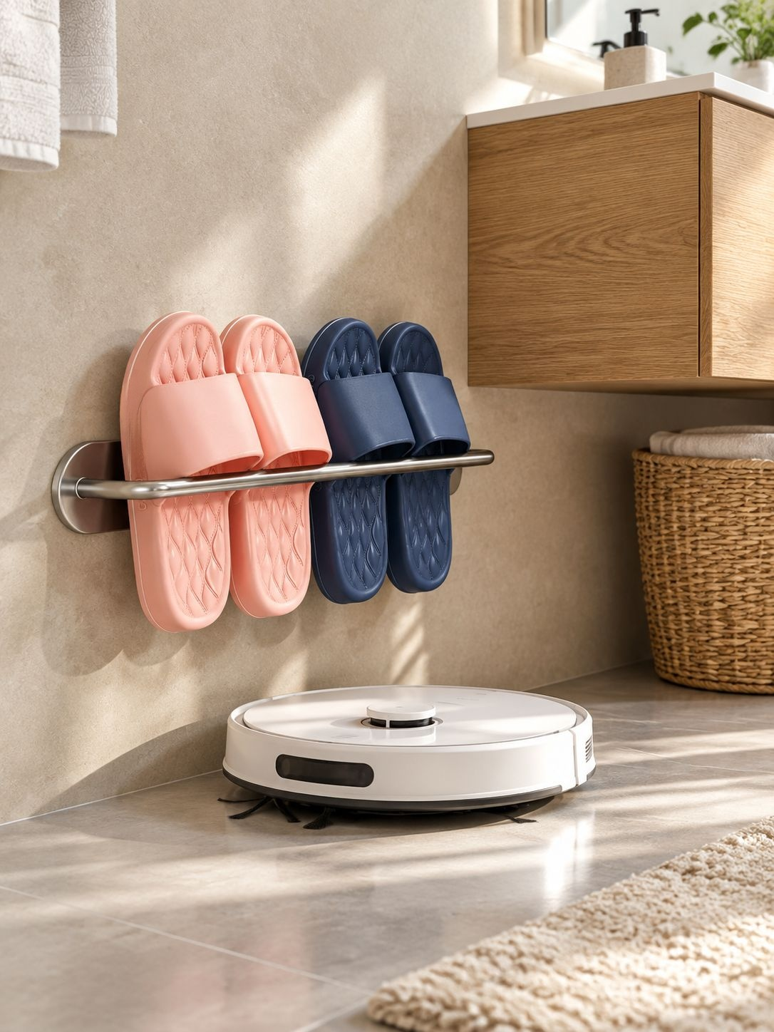 Estante para zapatos manteniendo secos los zapatos en el baño