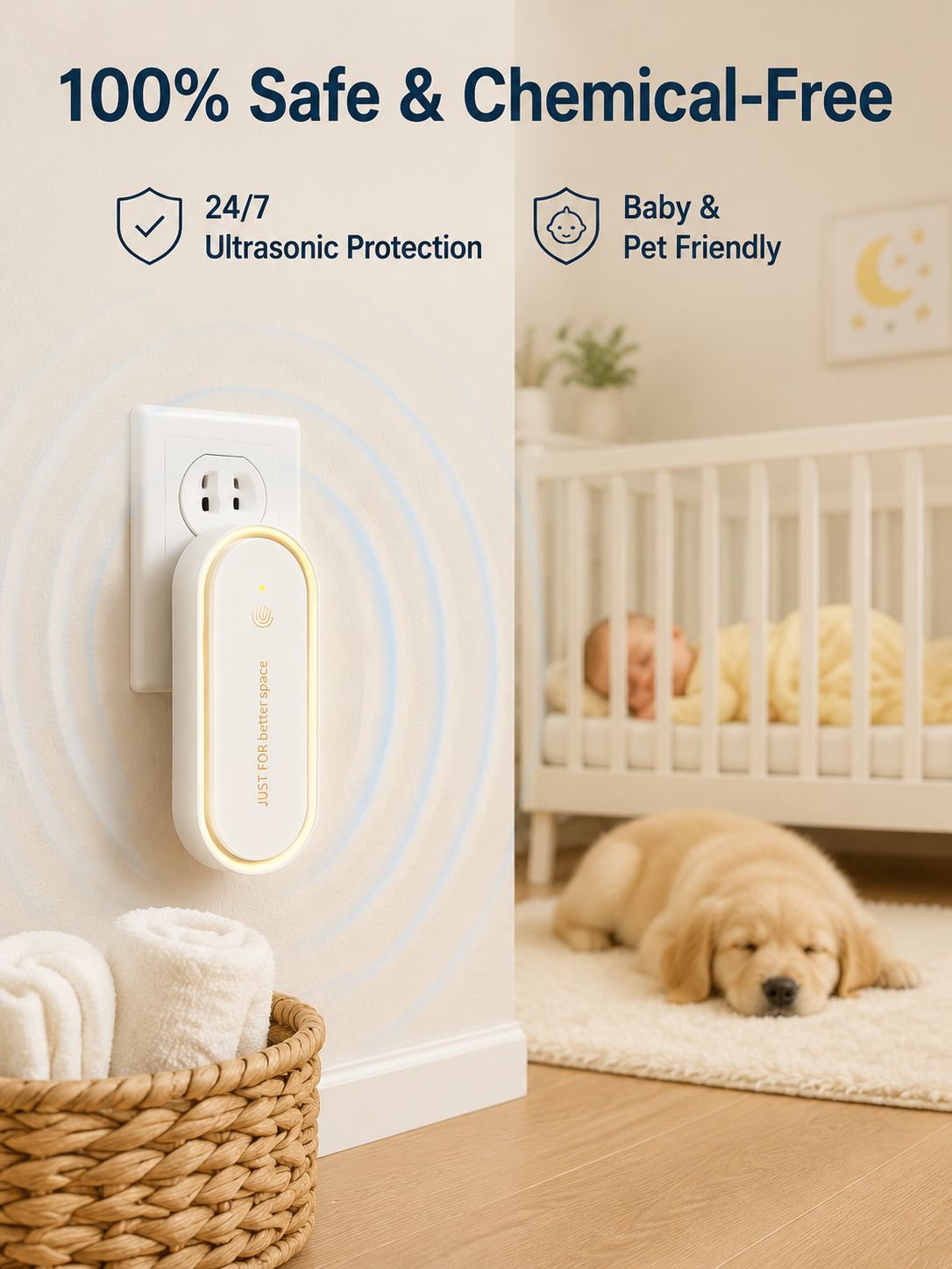 Ultrasonic mosquito and rodent repellent with LED light, 360° mosquito killer, energy-saving, compac