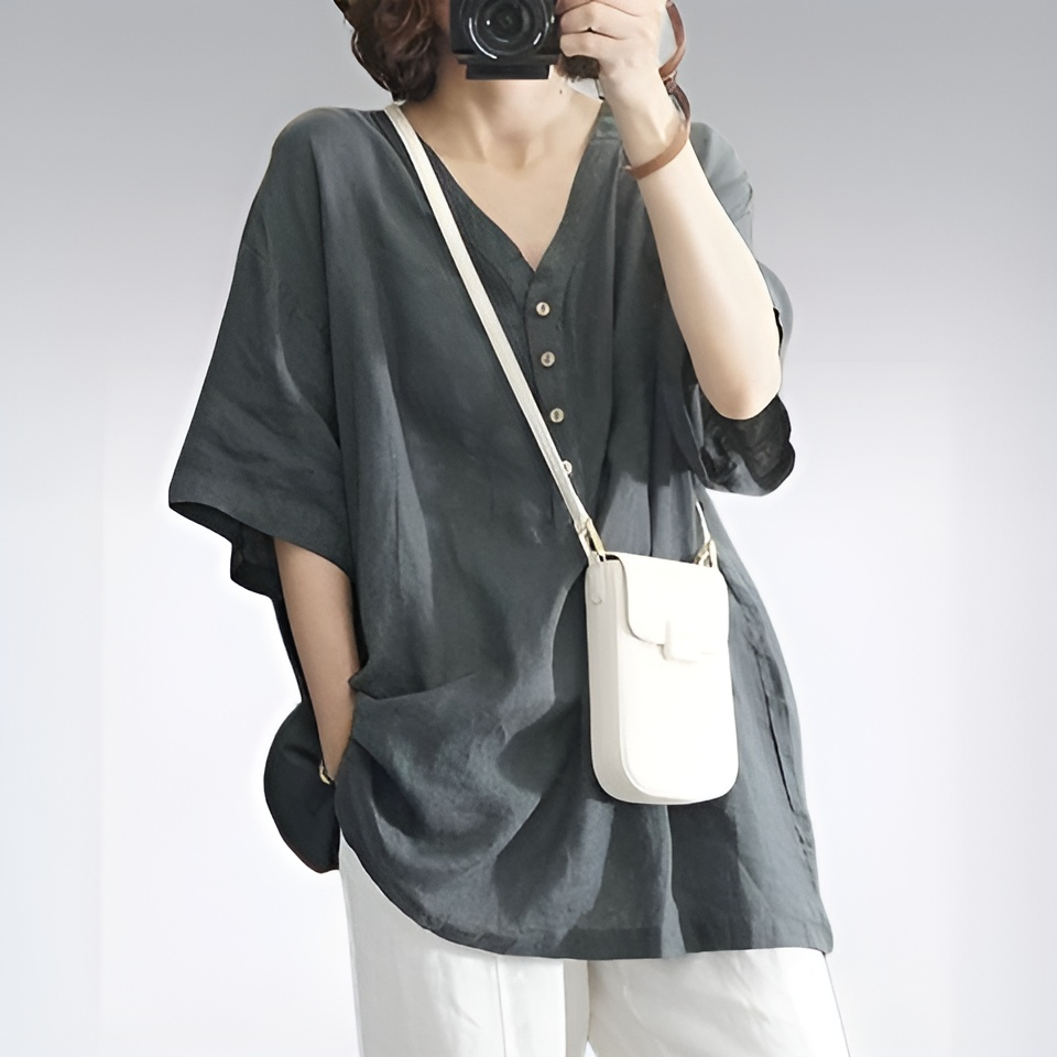 レディース Vネック ゆったりカジュアル コットンリネン 半袖トップス