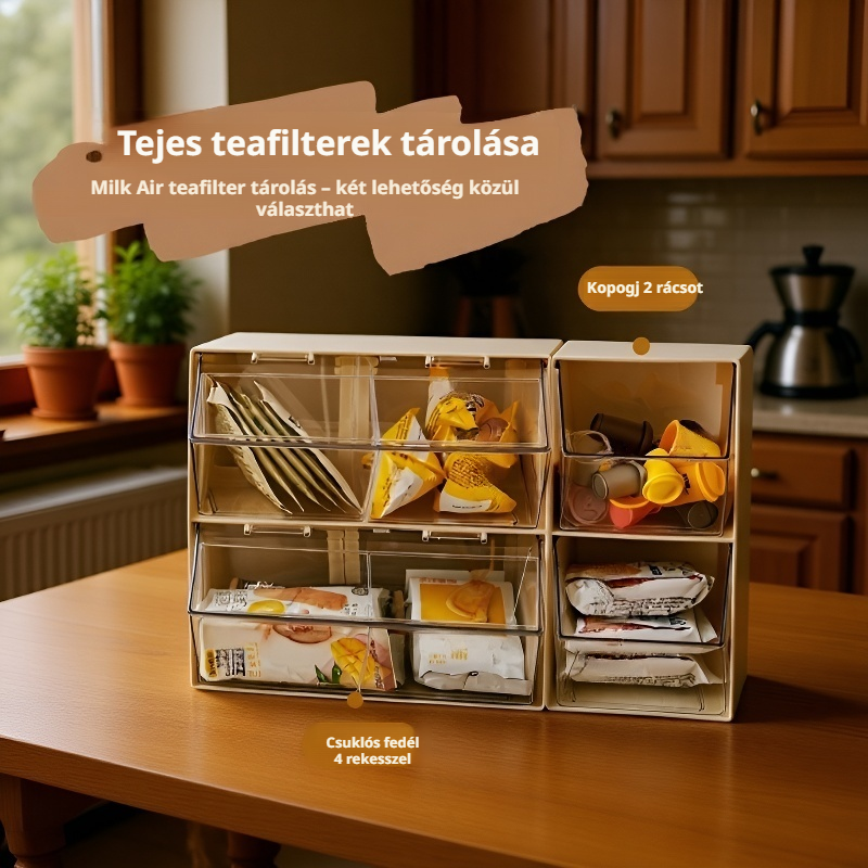 Átlátszó teafilter és kávékapszula tároló állvány