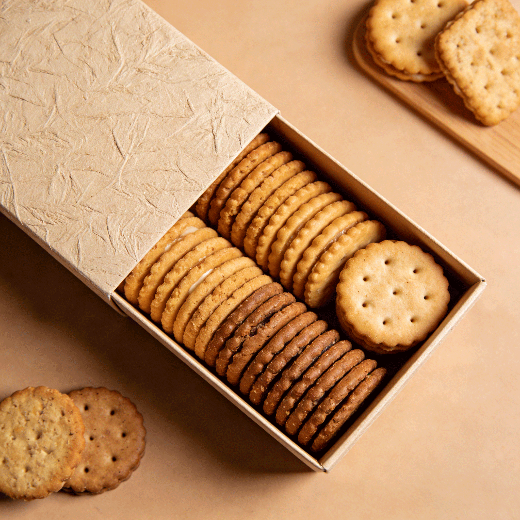 Close-up of Crunchy Delight Biscuits in gift packaging