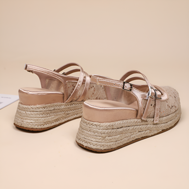 ウェッジヒールサンダル、レディース用クローズドトゥサンダル、2025年新作サンダル、フレンチハイヒールプラットフォームシューズ、スパンコールダブルバックルウェッジヒールサンダル