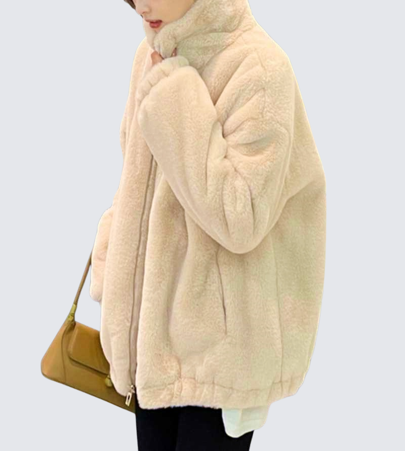 寬鬆仿兔毛立領毛絨外套