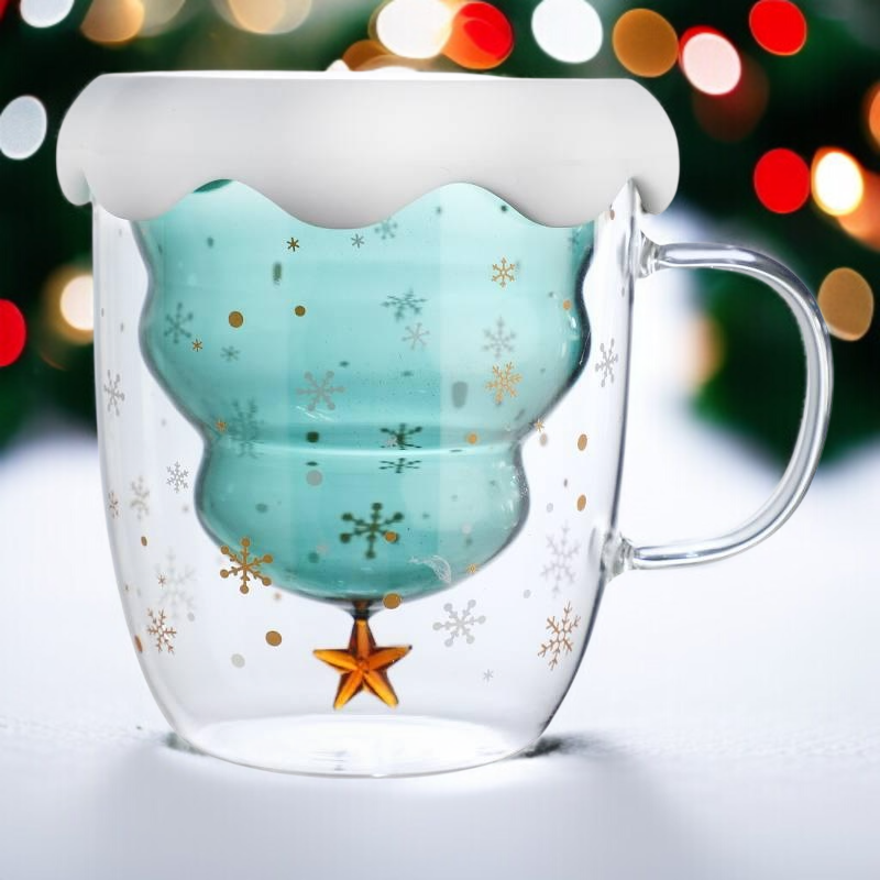 Doppelwandiges Glas mit rotem Henkel, Weihnachtsbecher 2025