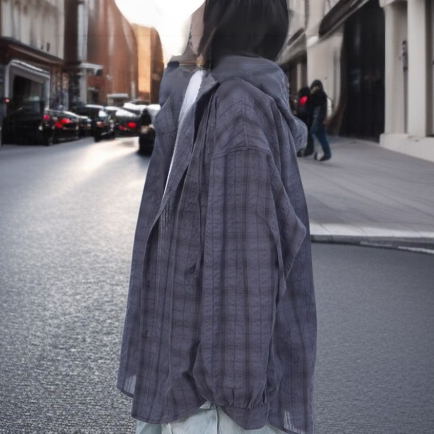 그레이 플레드 후드 긴팔 셔츠